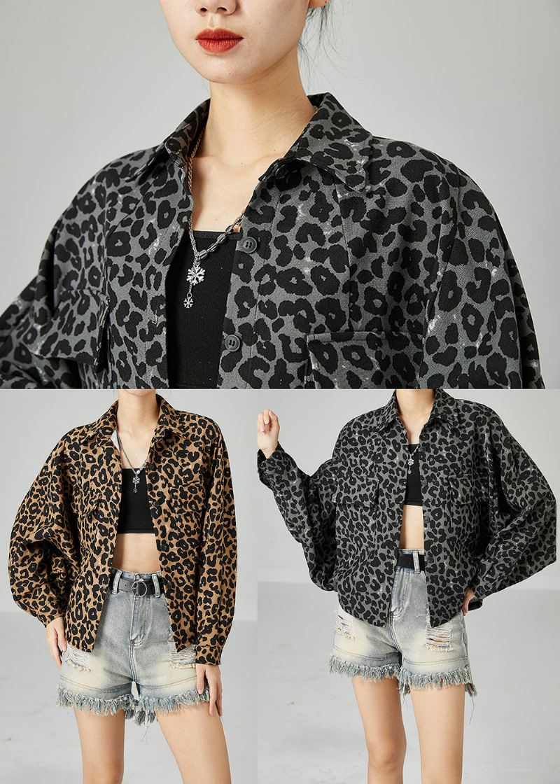 Plus Size Khaki Oversized Leopard Print Cotton Coat Batwing Sleeve - Vinterfrakker for kvinner