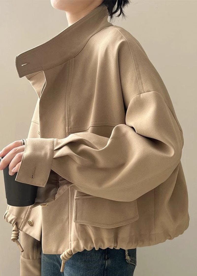 Plus Size Khaki Stativ Krage Patchwork Snøring Coat Langermet