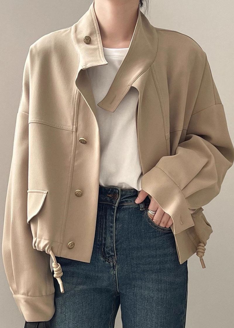 Plus Size Khaki Stativ Krage Patchwork Snøring Coat Langermet - Khaki