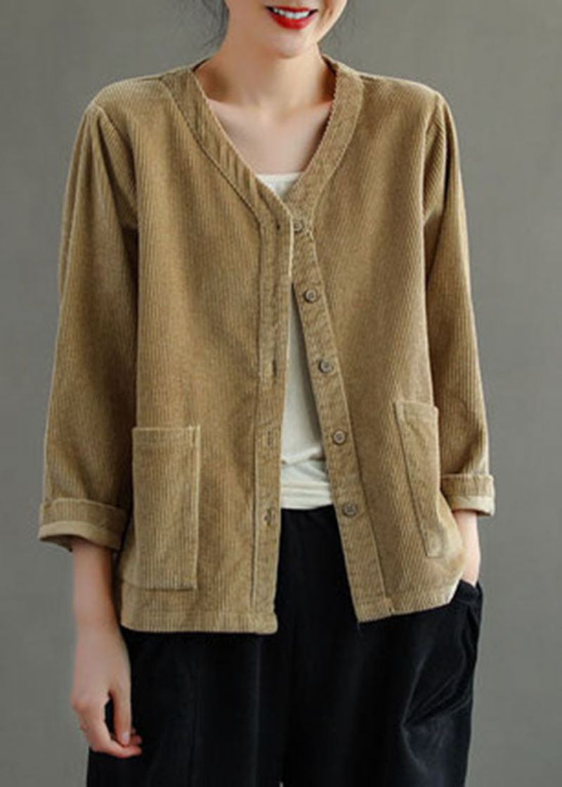 Plus Size Khaki V-halslommer Button Corduroy Coats Langermet