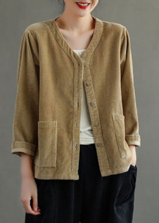 Plus Size Khaki V-halslommer Button Corduroy Coats Langermet