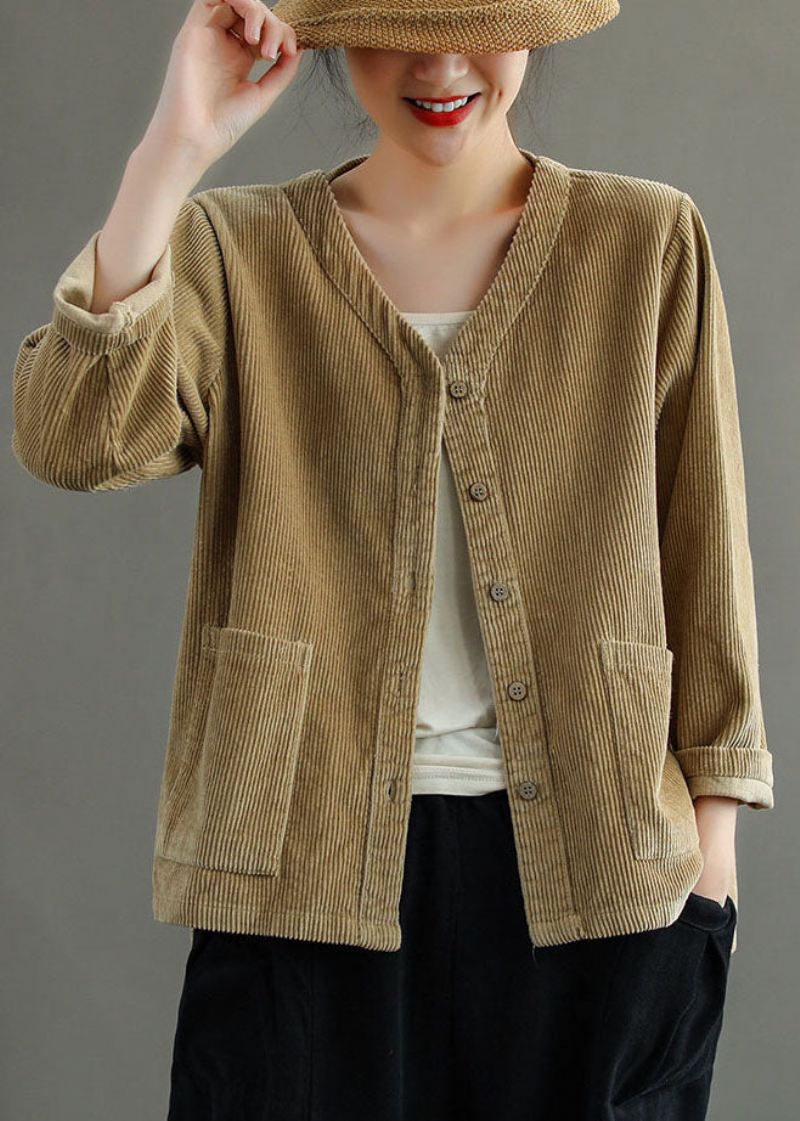 Plus Size Khaki V-halslommer Button Corduroy Coats Langermet - Vinterfrakker for kvinner