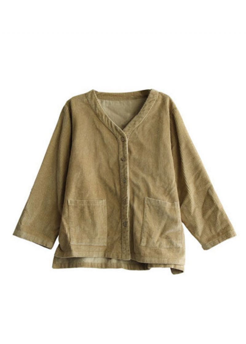 Plus Size Khaki V-halslommer Button Corduroy Coats Langermet - Vinterfrakker for kvinner