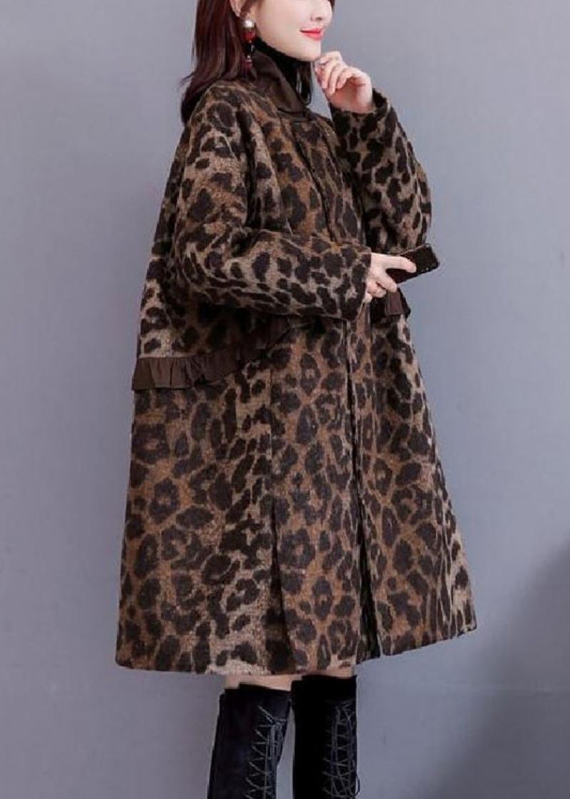 Plus Size Leopard Ruffled Lommer Tykke Ullfrakker Langermet