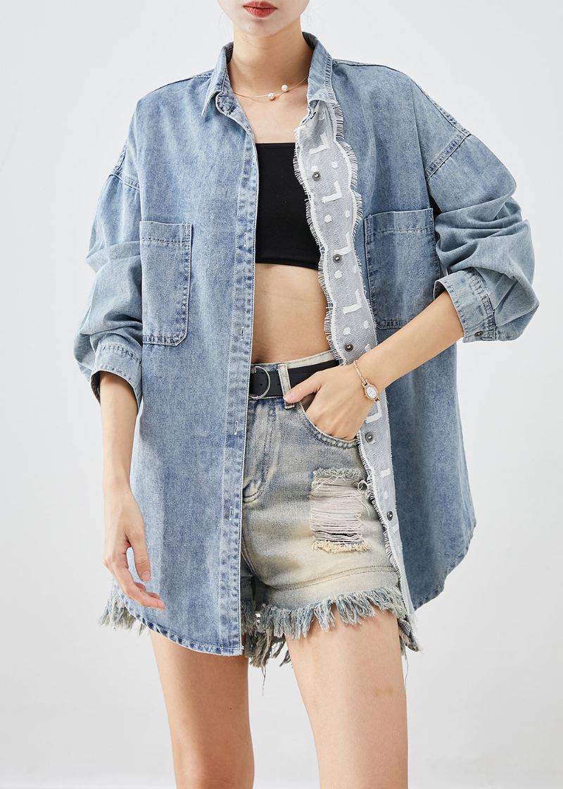 Plus Size Lyseblå Oversized Patchwork Denim Coats Høst