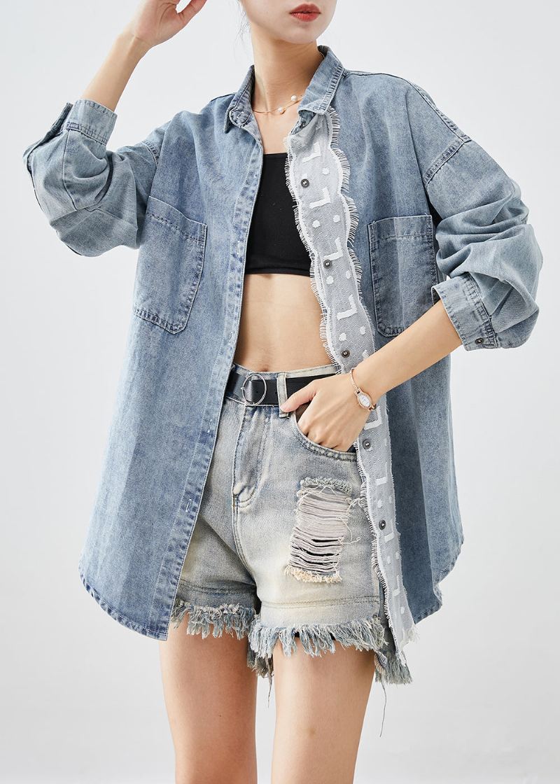 Plus Size Lyseblå Oversized Patchwork Denim Coats Høst - Vinterfrakker for kvinner