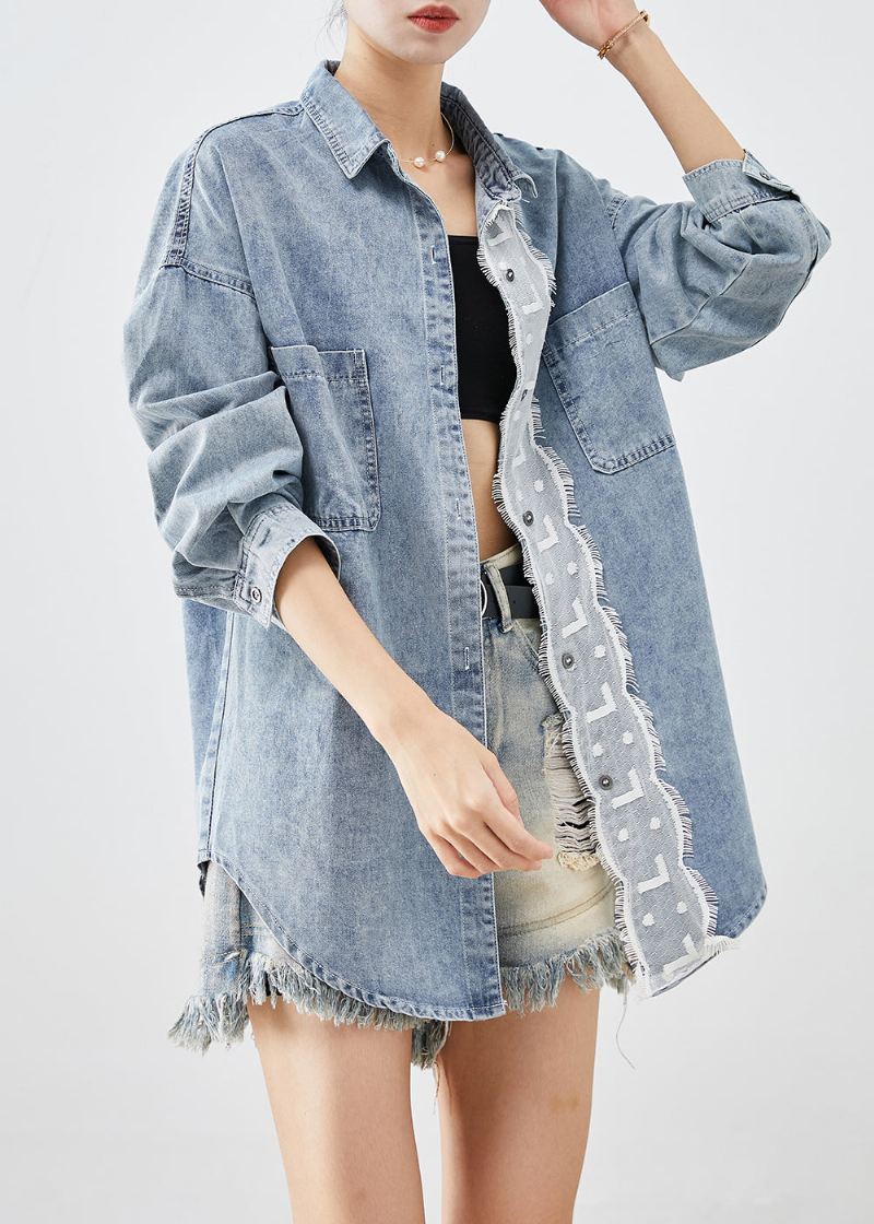 Plus Size Lyseblå Oversized Patchwork Denim Coats Høst - Vinterfrakker for kvinner