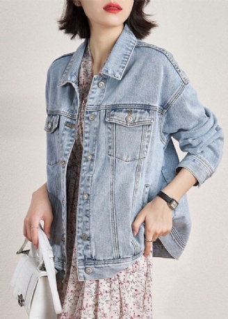 Plus Size Lyseblå Peter Pan Krage Overdimensjonerte Lommer Denim Coats Spring