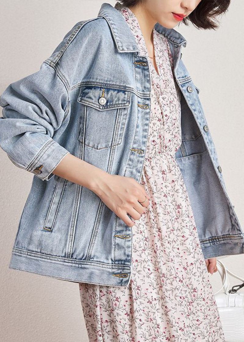 Plus Size Lyseblå Peter Pan Krage Overdimensjonerte Lommer Denim Coats Spring - Vinterfrakker for kvinner