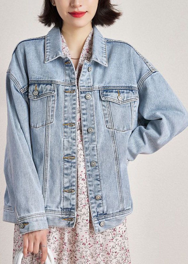 Plus Size Lyseblå Peter Pan Krage Overdimensjonerte Lommer Denim Coats Spring - Vinterfrakker for kvinner