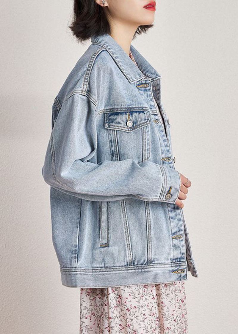 Plus Size Lyseblå Peter Pan Krage Overdimensjonerte Lommer Denim Coats Spring - Vinterfrakker for kvinner