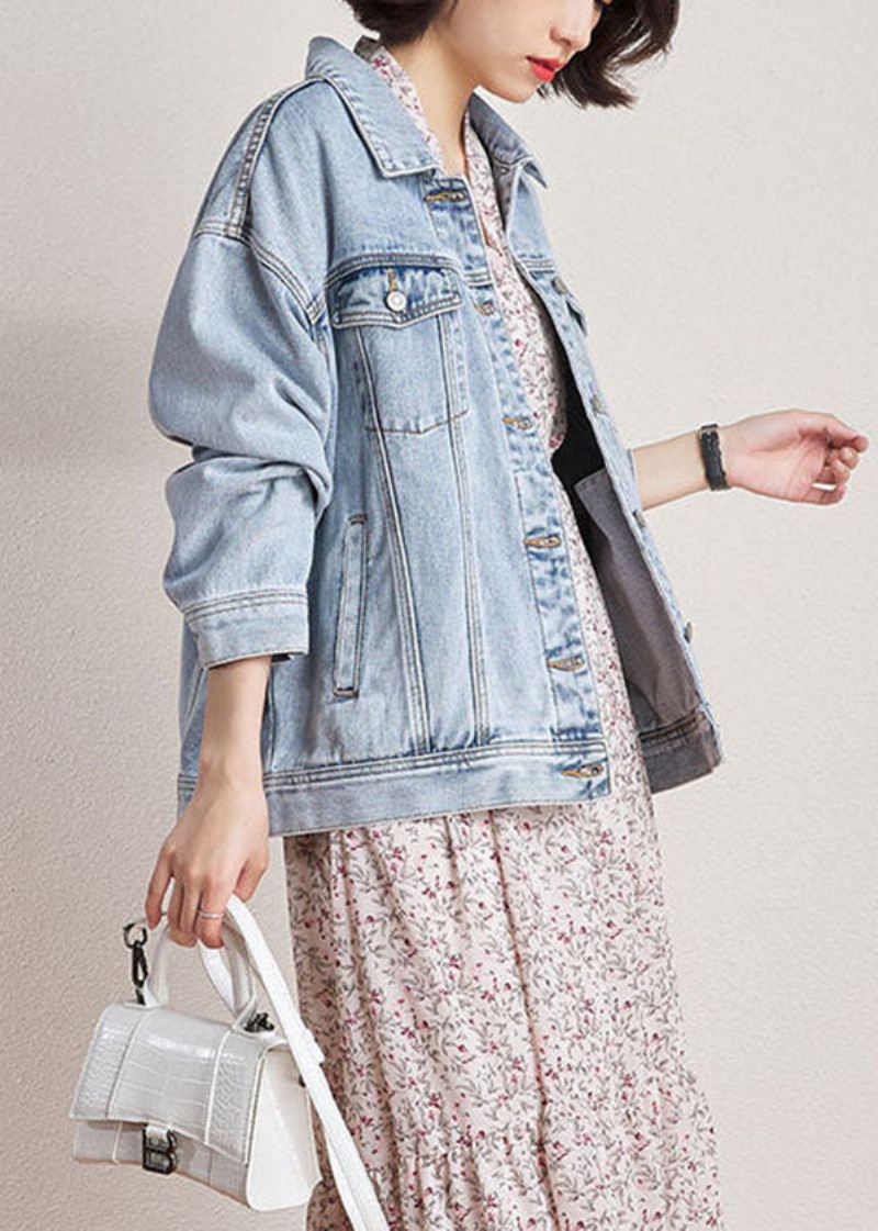 Plus Size Lyseblå Peter Pan Krage Overdimensjonerte Lommer Denim Coats Spring - Vinterfrakker for kvinner