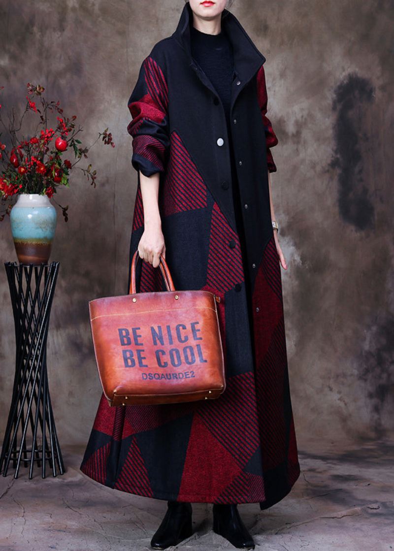 Plus Size Mulberry Stativ Krage Asymmetrisk Patchwork Button Ullen Maxi Coat Langermet