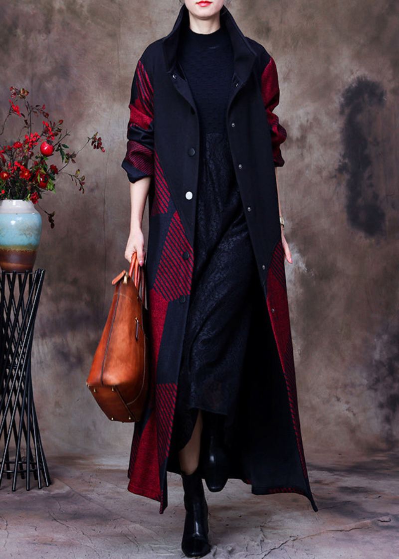 Plus Size Mulberry Stativ Krage Asymmetrisk Patchwork Button Ullen Maxi Coat Langermet - Mulberry