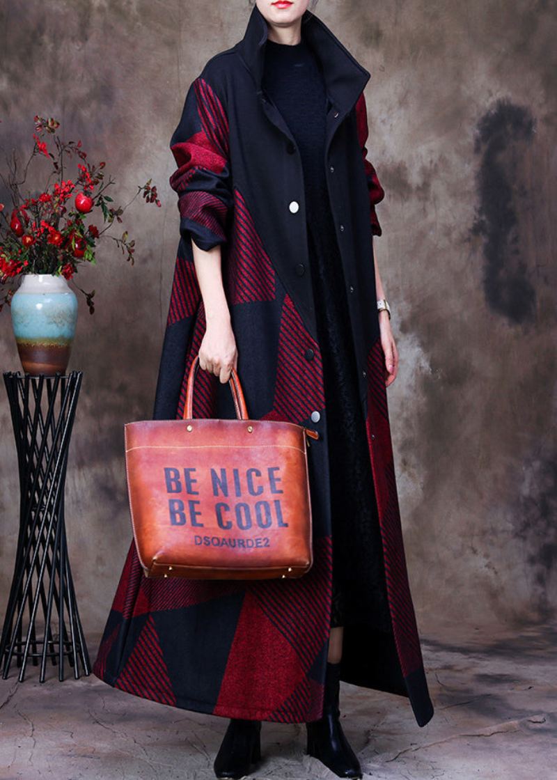 Plus Size Mulberry Stativ Krage Asymmetrisk Patchwork Button Ullen Maxi Coat Langermet - Mulberry