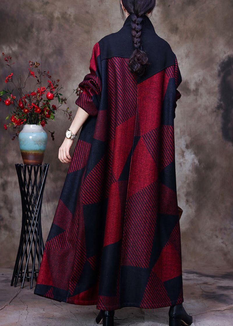 Plus Size Mulberry Stativ Krage Asymmetrisk Patchwork Button Ullen Maxi Coat Langermet - Mulberry