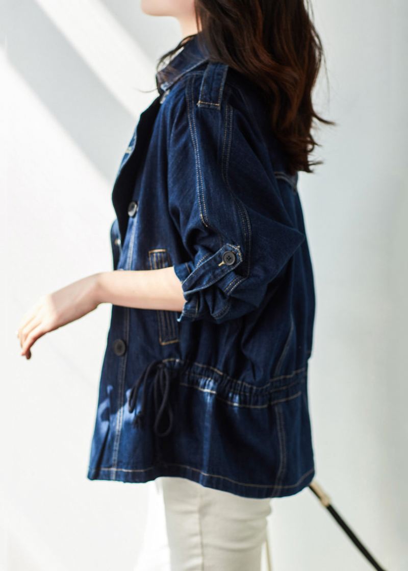 Plus Size Navy Notched Button Patchwork Denim Coats Fall - Vinterfrakker for kvinner