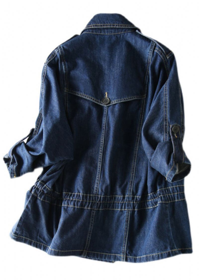 Plus Size Navy Notched Button Patchwork Denim Coats Fall - Vinterfrakker for kvinner