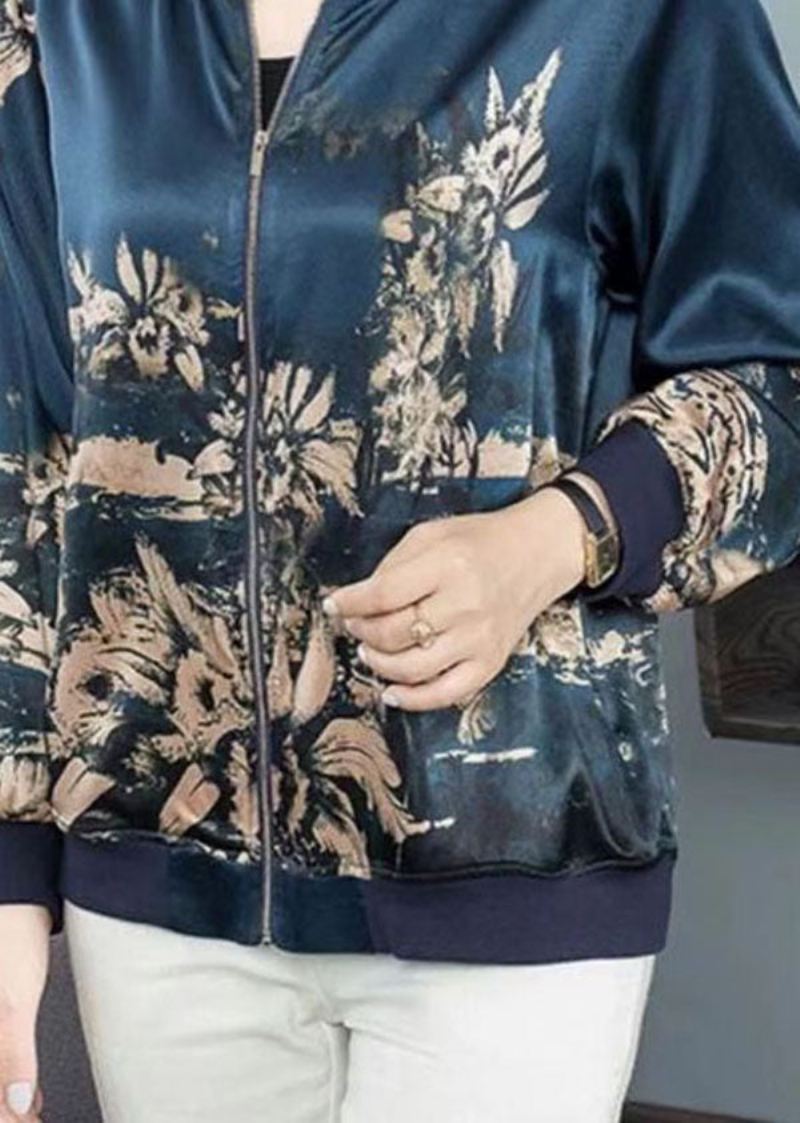 Plus Size Navy Stand Krage Zip Up Print Silke Coat Yttertøy Høst - Vinterfrakker for kvinner