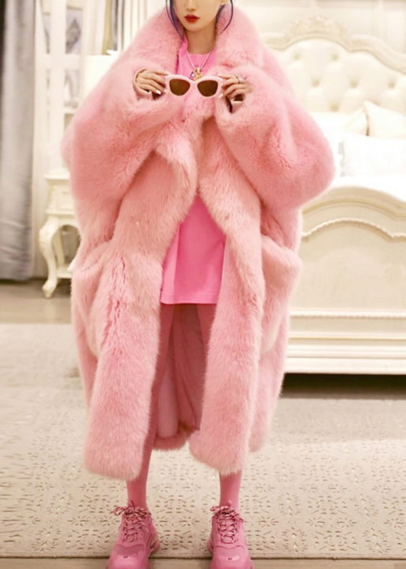 Plus Size Pink Peter Pan Kragelommer Patchwork Fuzzy Fur Fluffy Coat Vinter - Vinterfrakker for kvinner