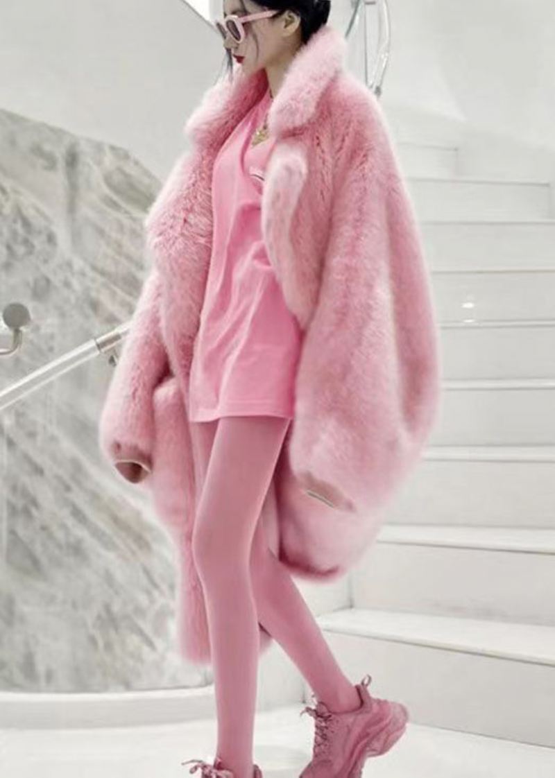 Plus Size Pink Peter Pan Kragelommer Patchwork Fuzzy Fur Fluffy Coat Vinter - Vinterfrakker for kvinner