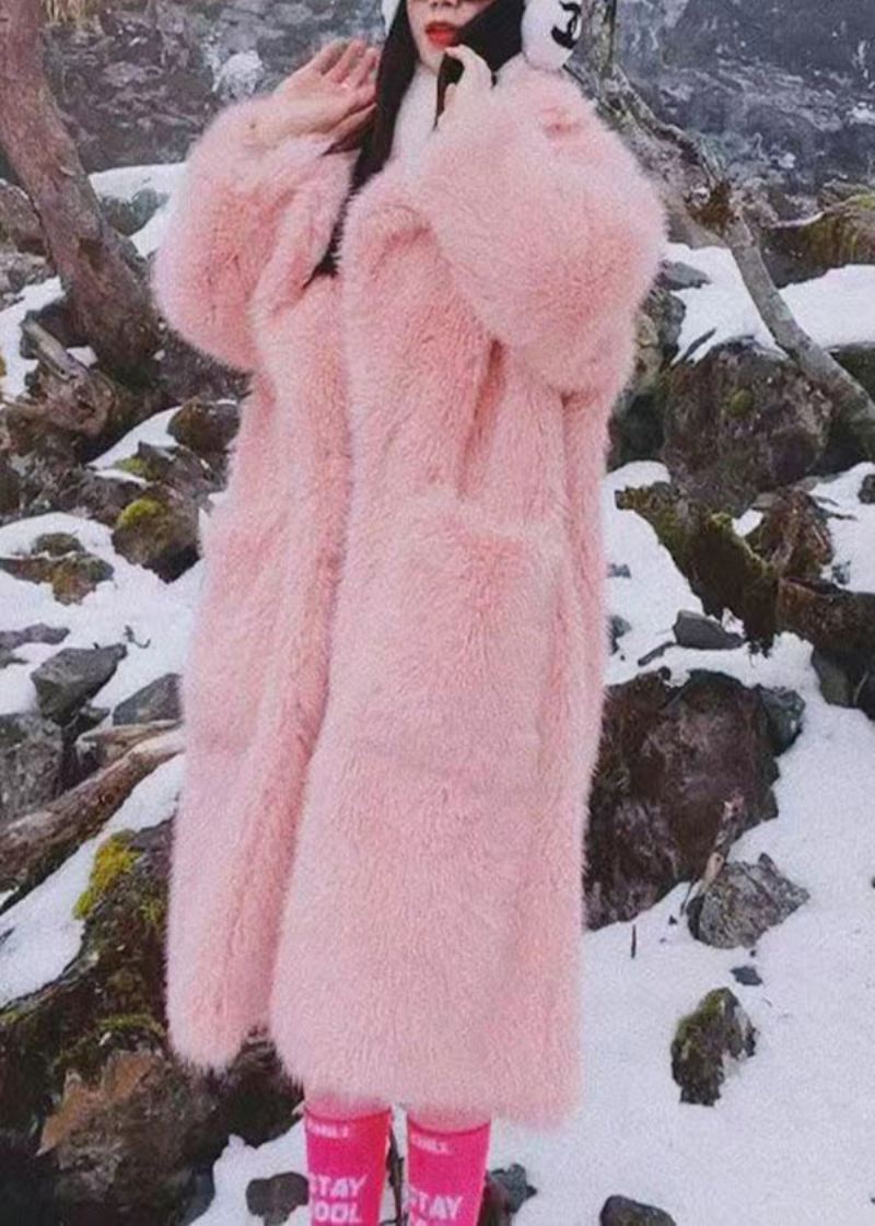 Plus Size Pink Peter Pan Kragelommer Patchwork Fuzzy Fur Fluffy Coat Vinter - Vinterfrakker for kvinner