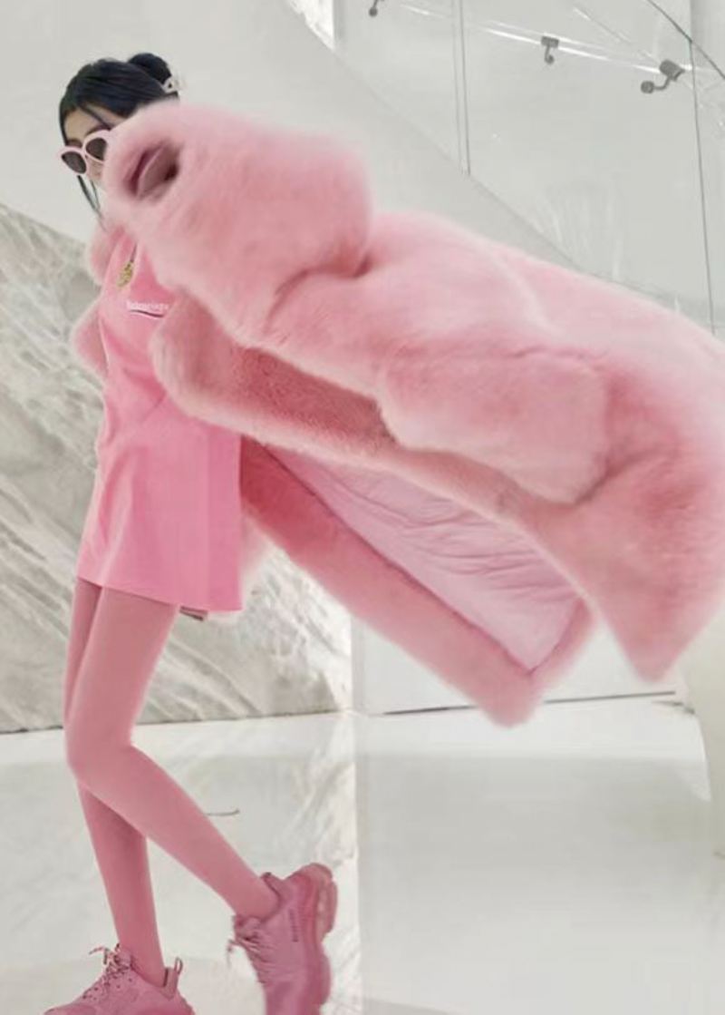 Plus Size Pink Peter Pan Kragelommer Patchwork Fuzzy Fur Fluffy Coat Vinter - Vinterfrakker for kvinner