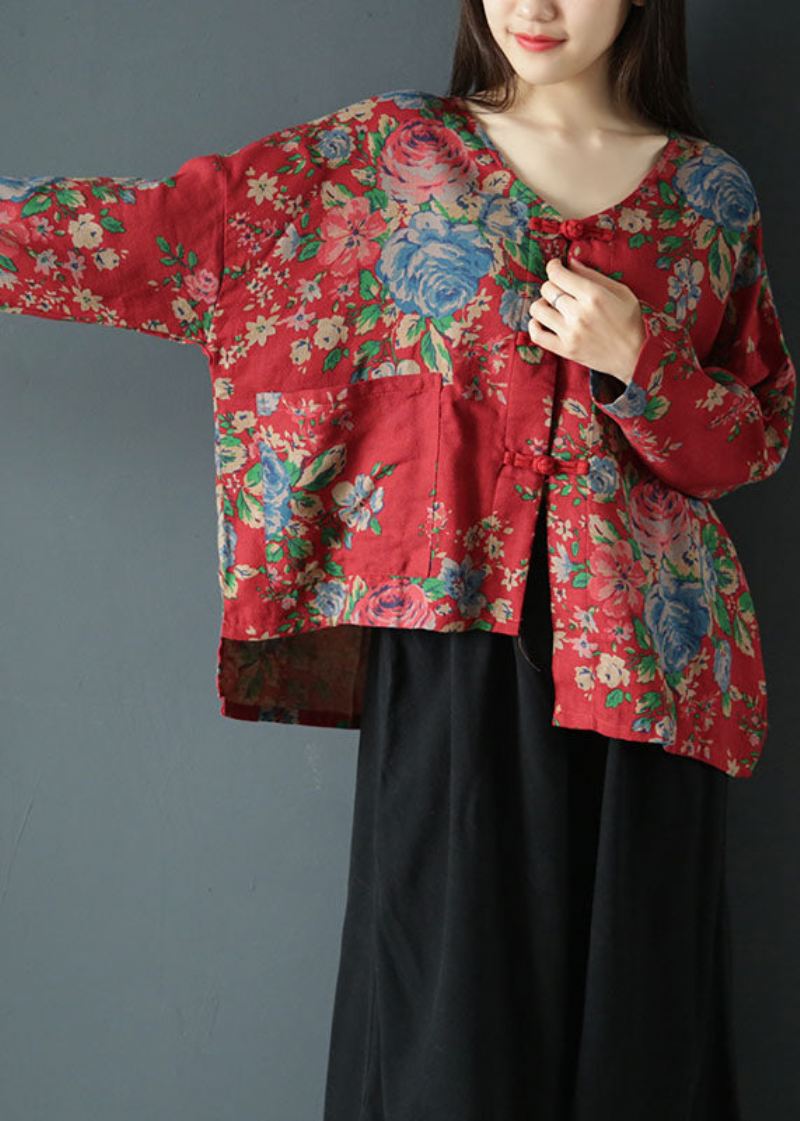 Plus Size Rød Asymmetrisk Print Cotton Coats Spring