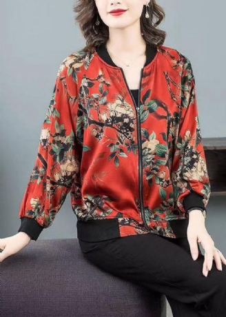 Plus Size Rød O-hals Print Glidelås Patchwork Silkejakke Vår