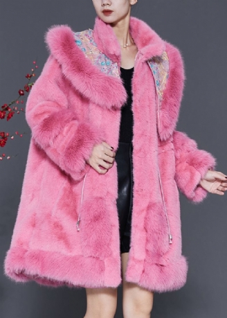 Plus Size Rosa Brodert Snøring Mink Velvet Coat Yttertøy Vår