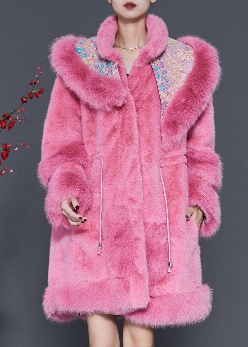 Plus Size Rosa Brodert Snøring Mink Velvet Coat Yttertøy Vår - Vinterfrakker for kvinner