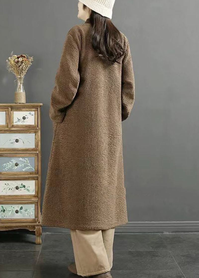 Plus Size Sjokolade Brodert Kinesisk Button Faux Fur Coats Vinter - Vinterfrakker for kvinner