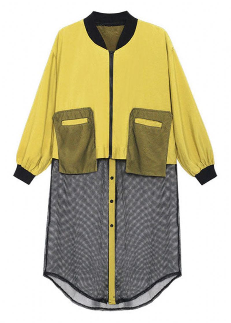 Plus Size Sorte Lommer Med Glidelås Tyll Patchwork Fall Langermet Trenchcoat - Gul