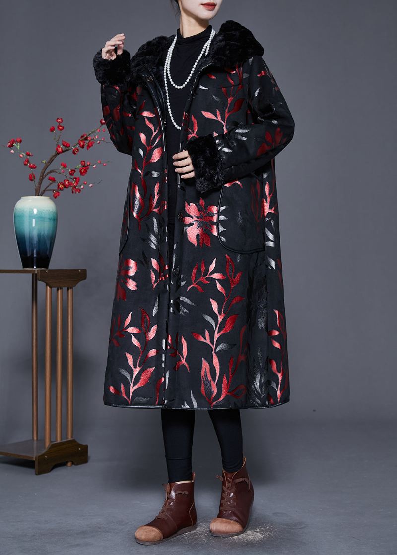 Plus Size Svart Pelskrage Print Varme Fleece Coats Vinter