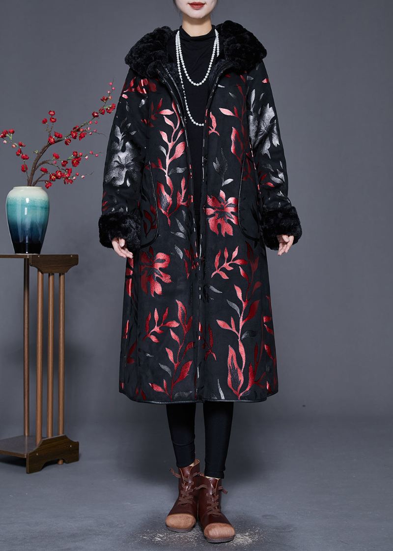 Plus Size Svart Pelskrage Print Varme Fleece Coats Vinter - Vinterfrakker for kvinner