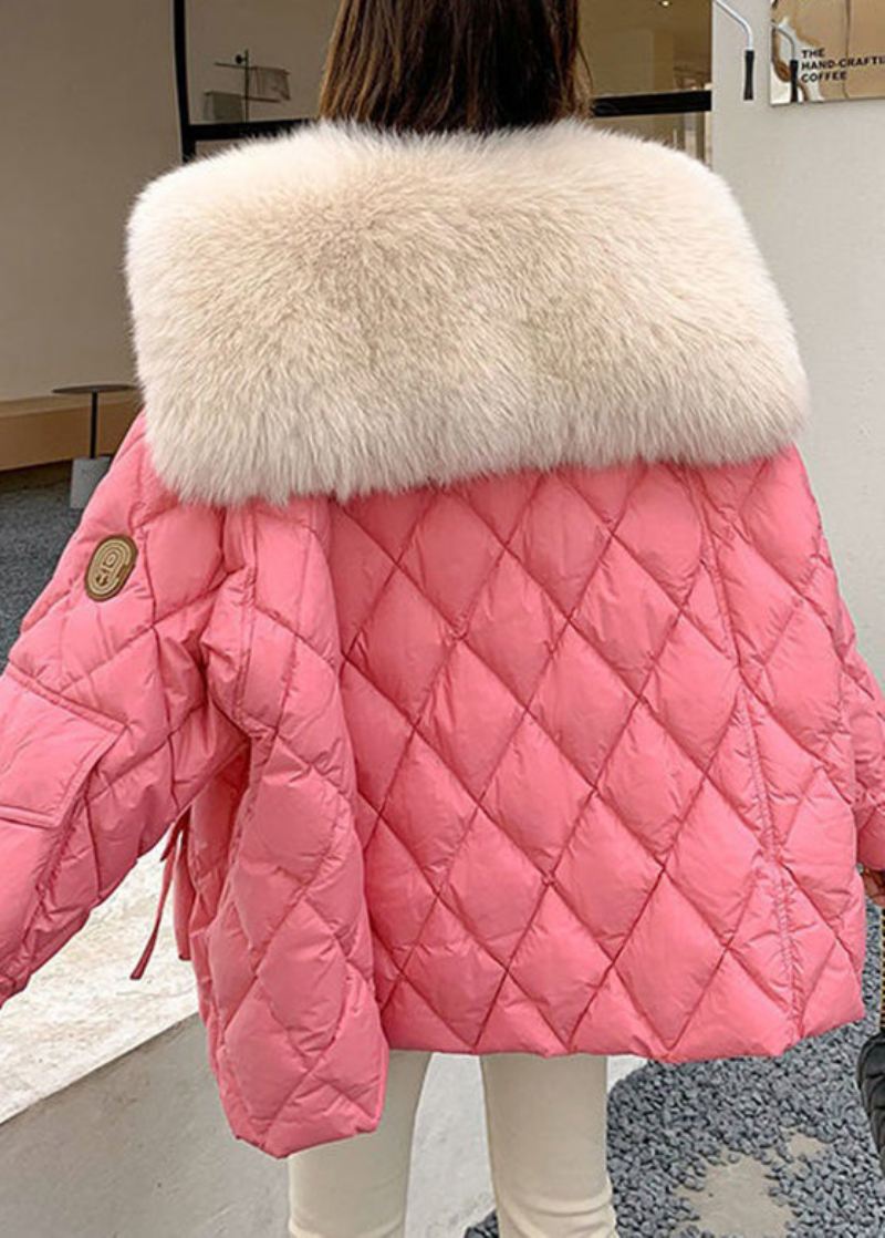 Pluss Størrelse Rosa Pelskrage Lommer Rutete Patchwork Parka Langermet - Rosa