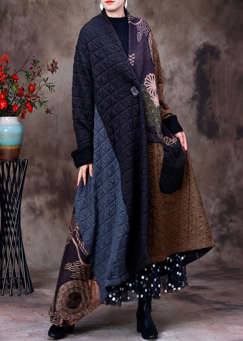 Retro Chocolate Patchwork Svart Farge V-hals Asymmetriske Knappelommer Trykk Bomull Tykk Maxi Coat Langermet