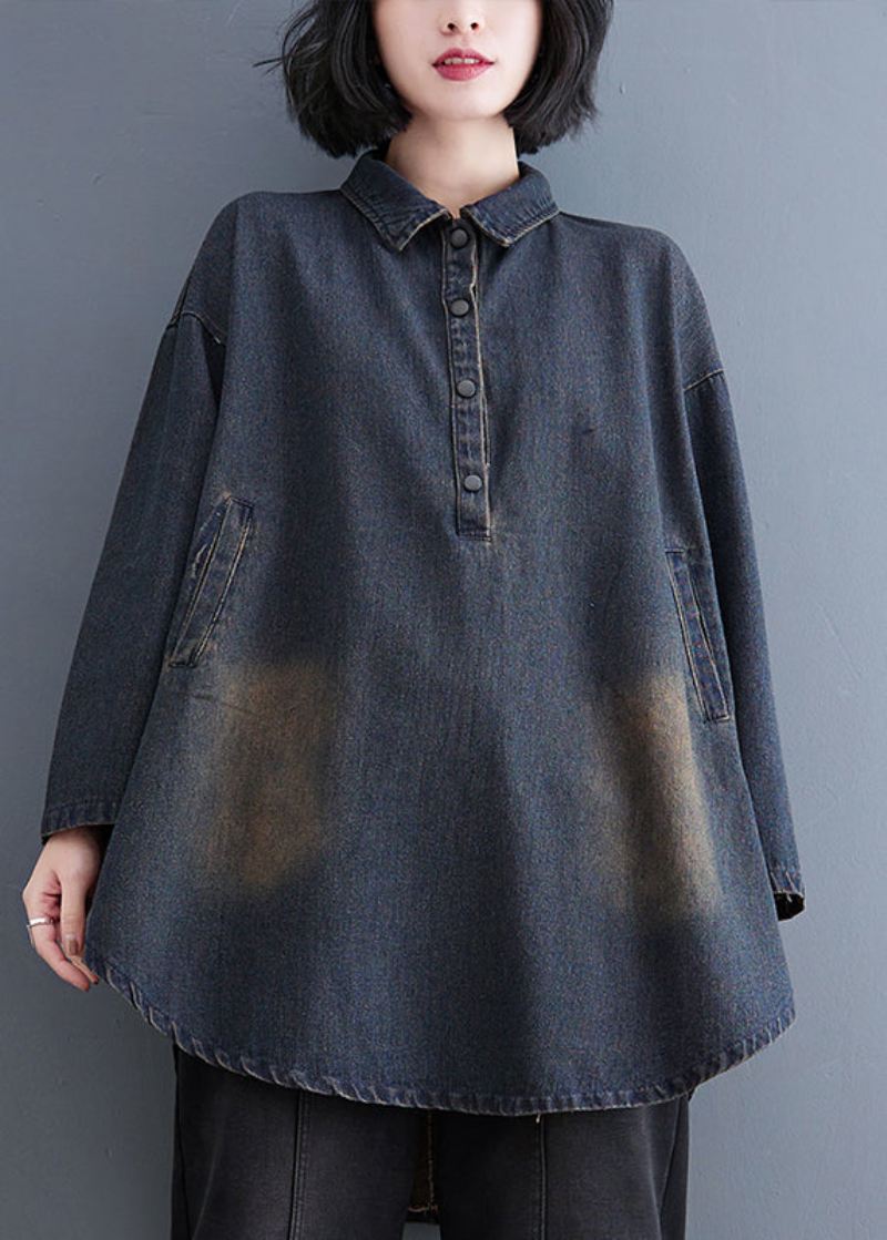 Retro Datrk Blå Peter Pan Krage Button Patchwork Denim Coats Langermet