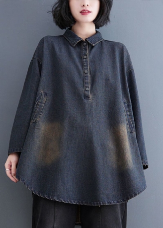 Retro Datrk Blå Peter Pan Krage Button Patchwork Denim Coats Langermet