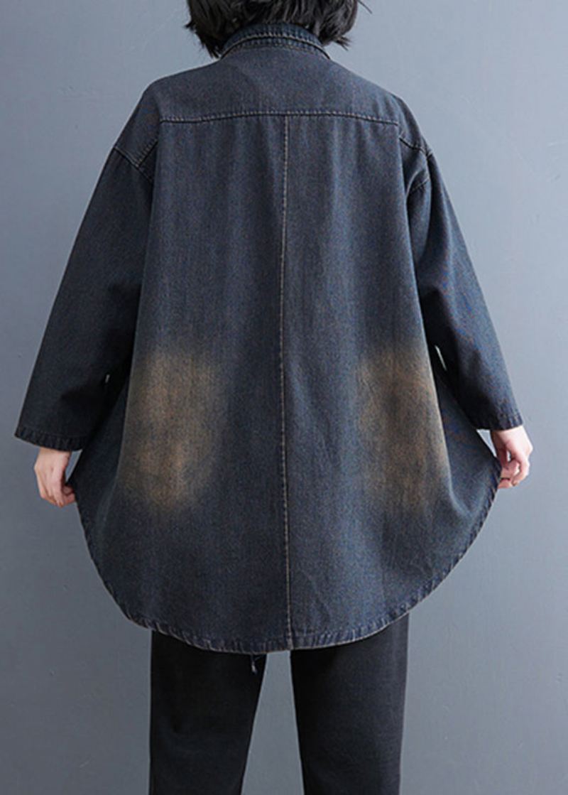 Retro Datrk Blå Peter Pan Krage Button Patchwork Denim Coats Langermet - Vinterfrakker for kvinner