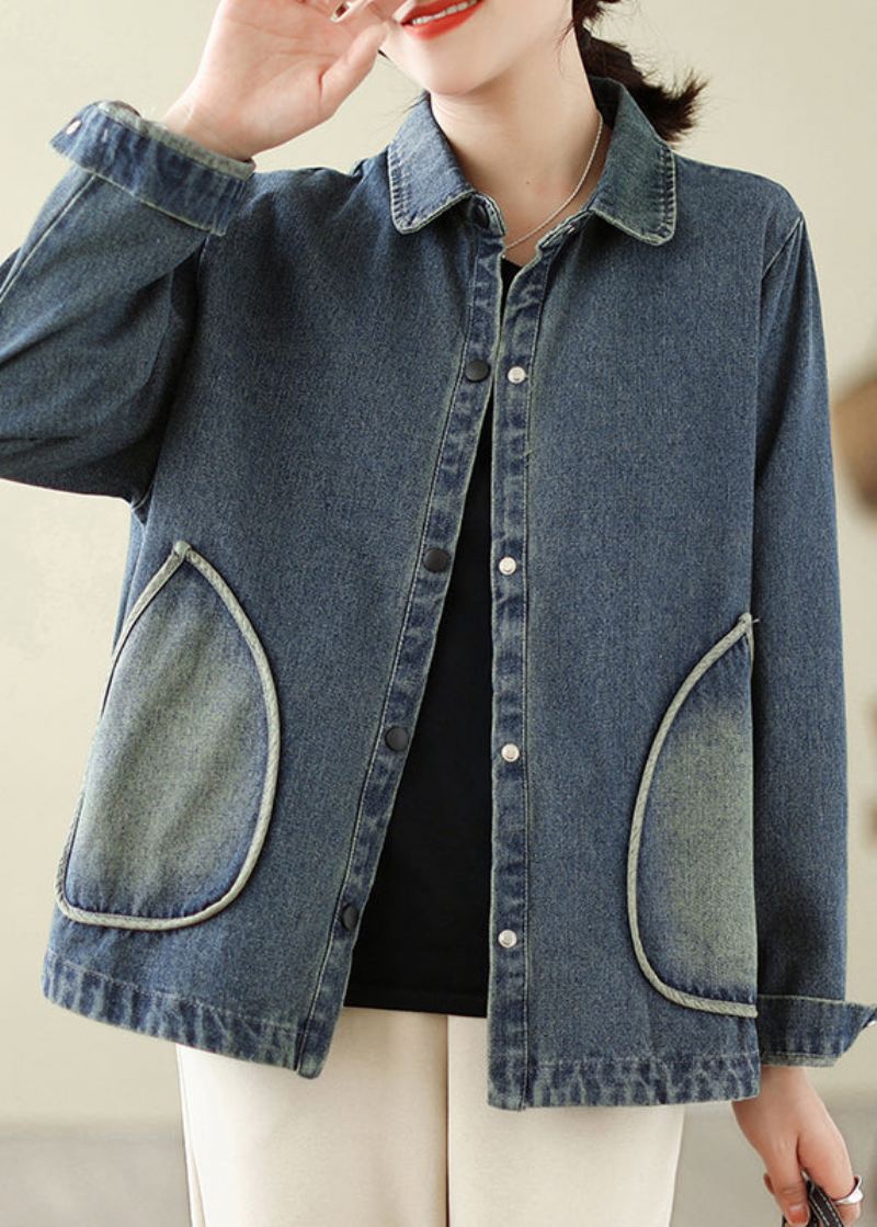 Retro Denim Blå Lommer Patchwork Coats Spring