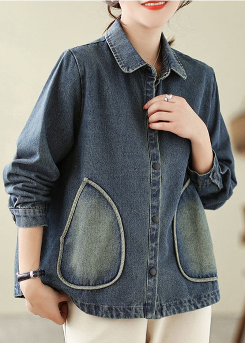 Retro Denim Blå Lommer Patchwork Coats Spring - Vinterfrakker for kvinner