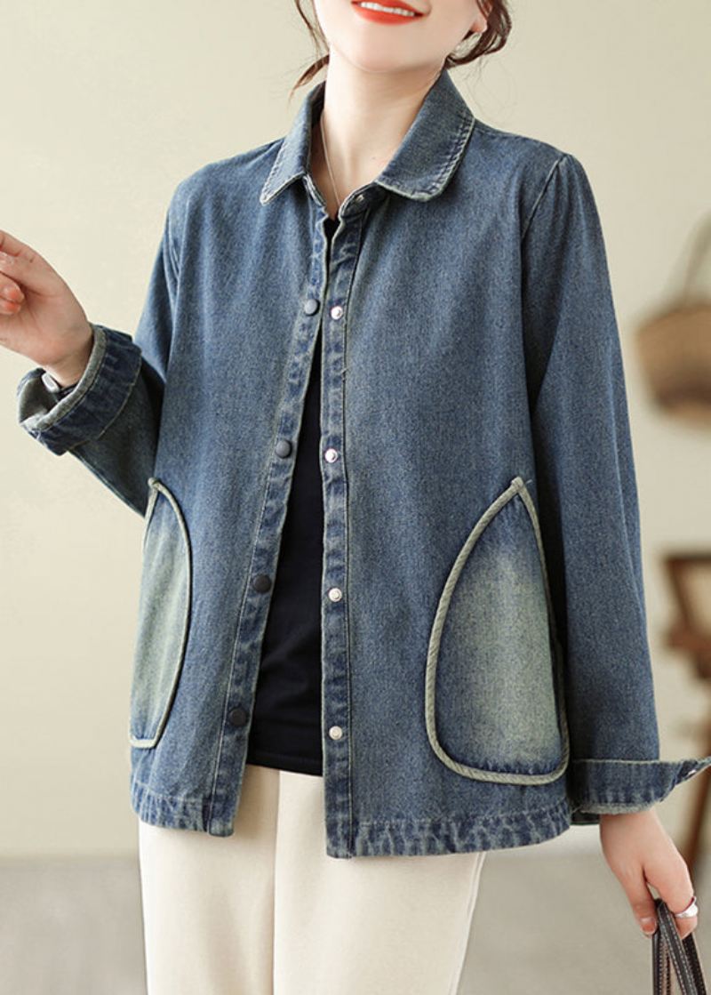 Retro Denim Blå Lommer Patchwork Coats Spring - Vinterfrakker for kvinner