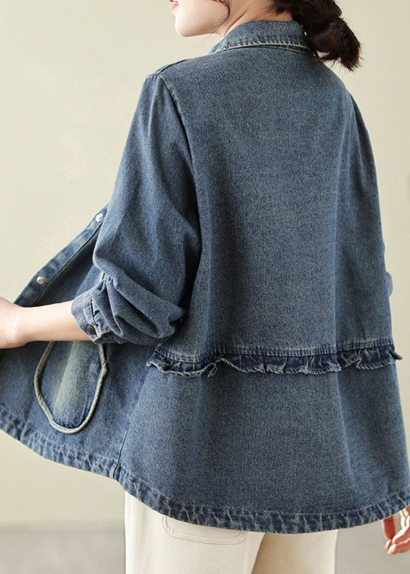 Retro Denim Blå Lommer Patchwork Coats Spring - Vinterfrakker for kvinner