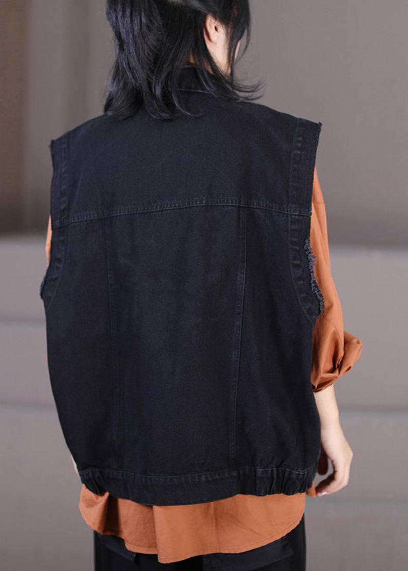 Retro Svart Peter Pan Krage Patchwork Button Denim Vest Høst - Vinterfrakker for kvinner