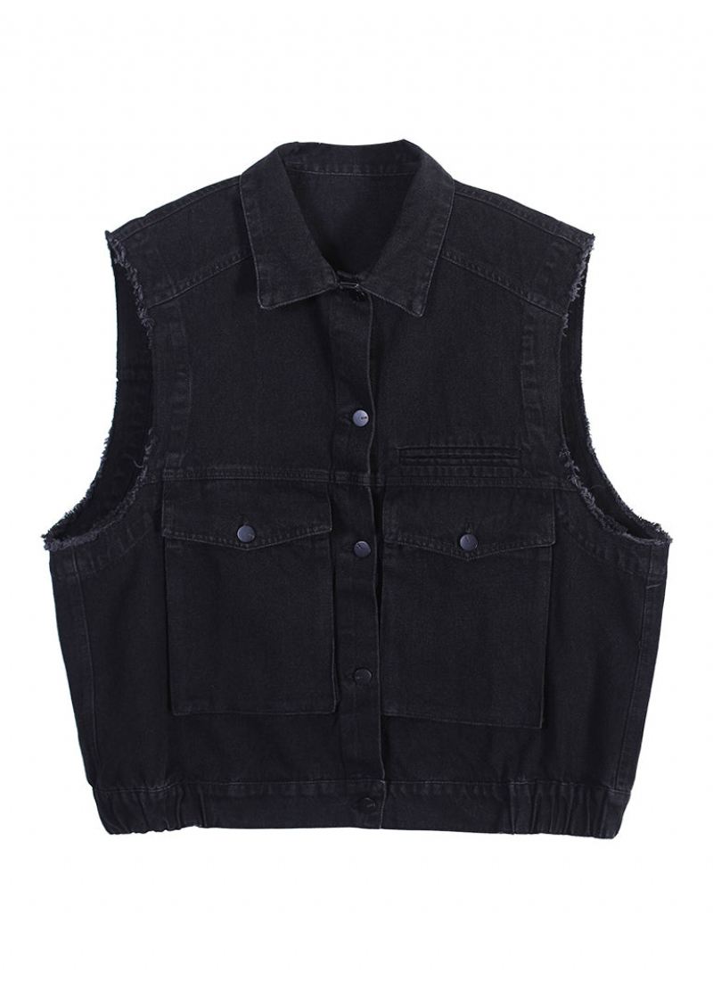 Retro Svart Peter Pan Krage Patchwork Button Denim Vest Høst - Vinterfrakker for kvinner