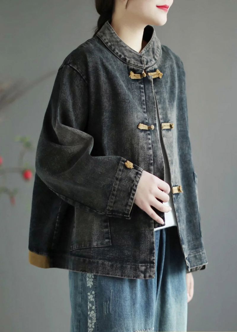 Retro Svart Stativ Krage Patchwork Denim Coat Spring