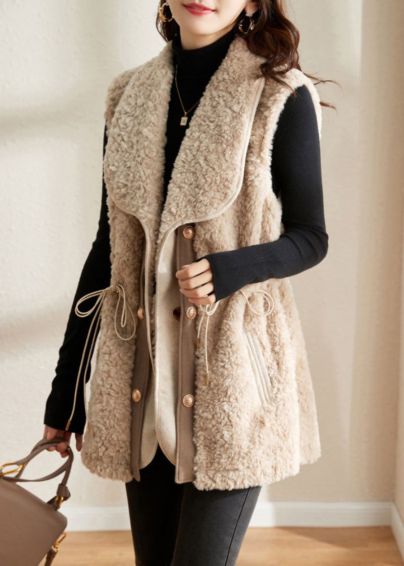 Slim Fit Beige Hakk Patchwork-knapp Tykk Fuskepelsvest Høst