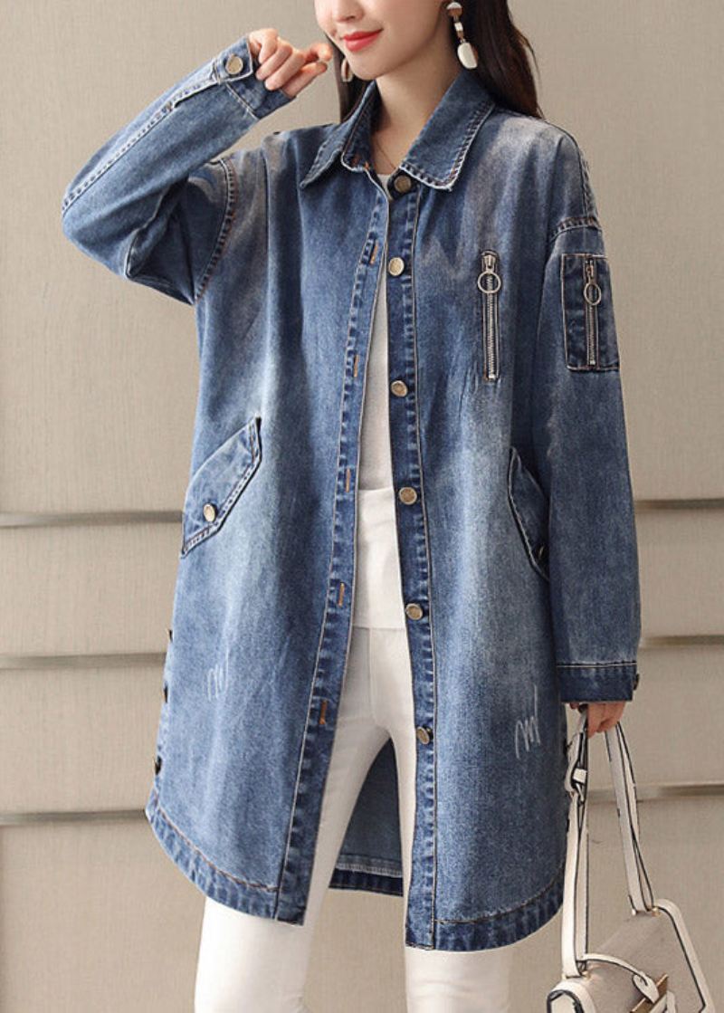 Slim Fit Blå Peter Pan Krage Brodert Patchwork Button Denim Coat Spring - Vinterfrakker for kvinner