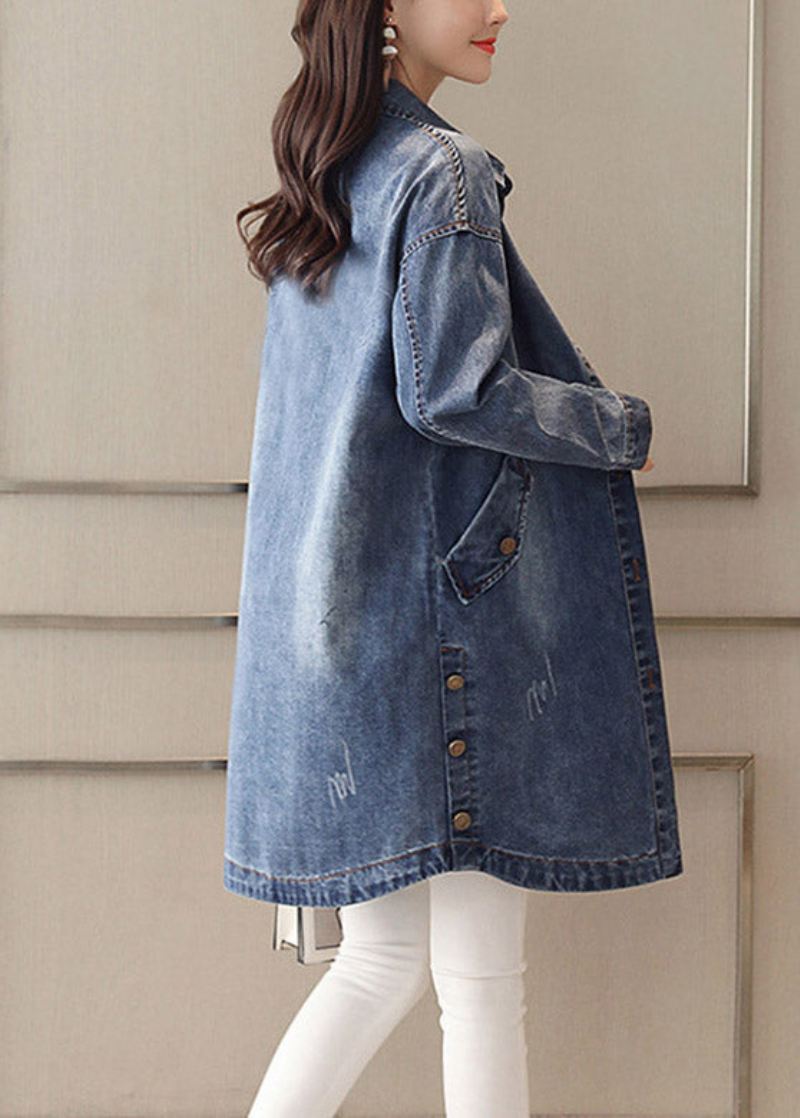 Slim Fit Blå Peter Pan Krage Brodert Patchwork Button Denim Coat Spring - Vinterfrakker for kvinner